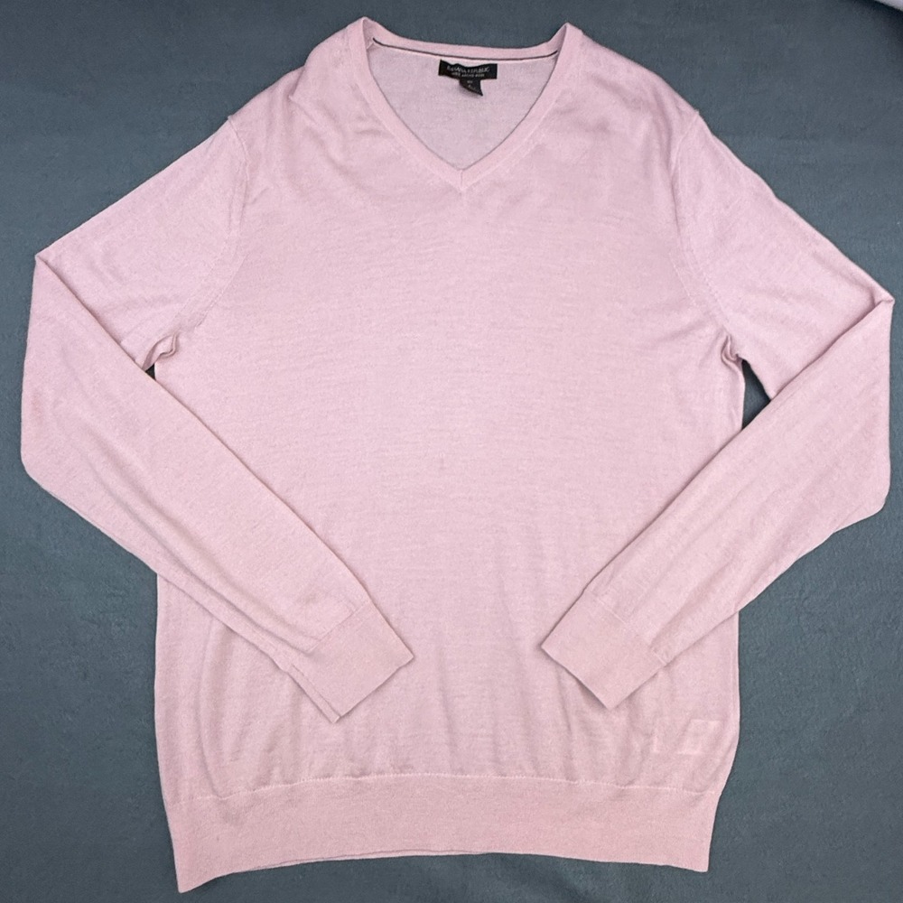 Banana Republic Sweater Mens Large Tall Pink V Neck Merino Wool Long Sleeve